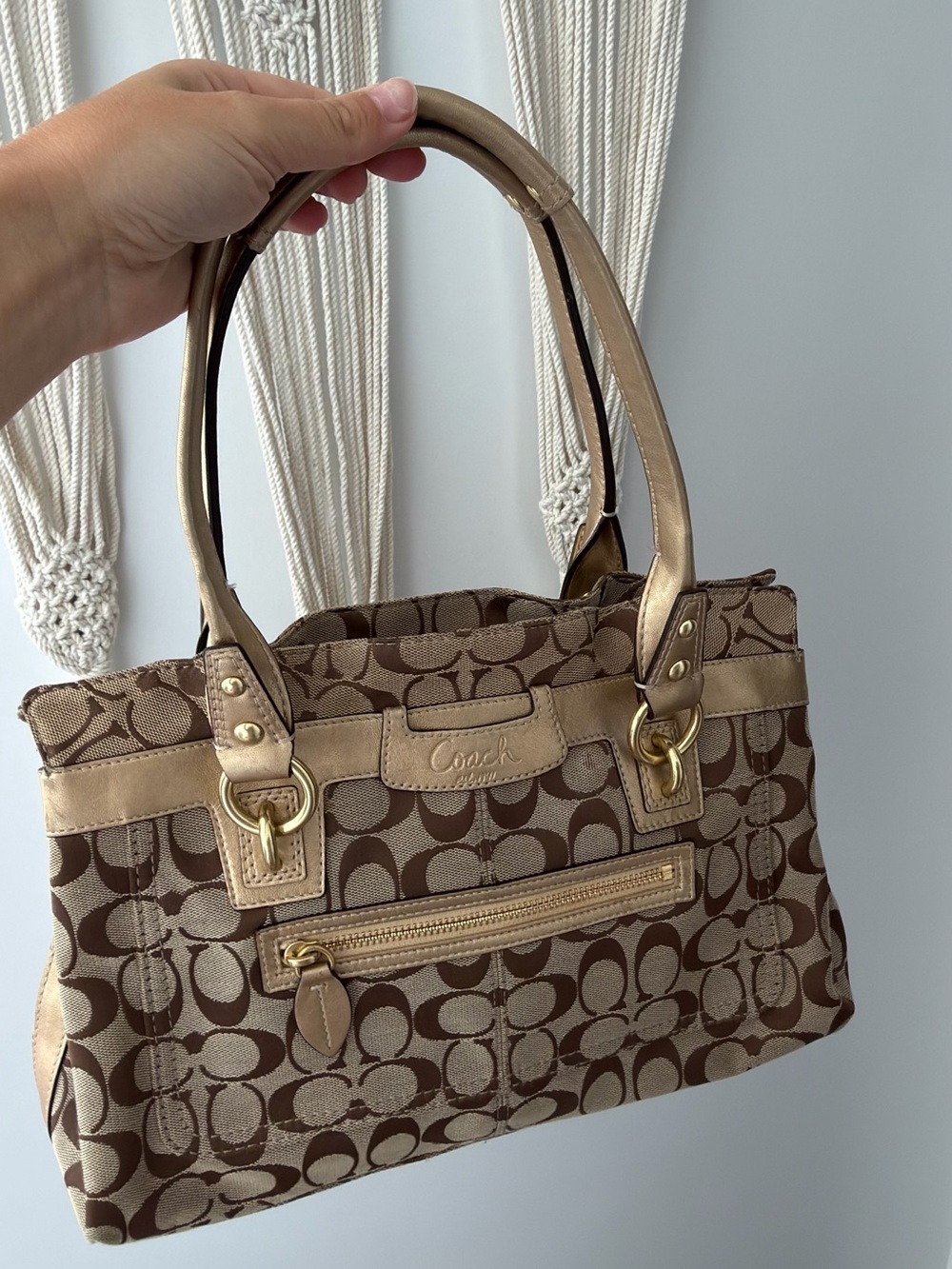 Coach Brown and Tan Signature Jacquard Shoulder Bag